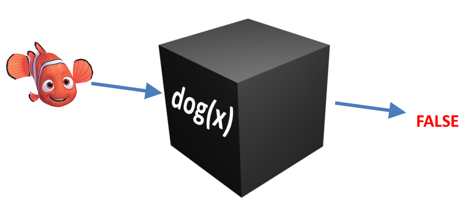 An image containing a picture of a clownfish, then an arrow pointing from the fish to
			a black box which says \