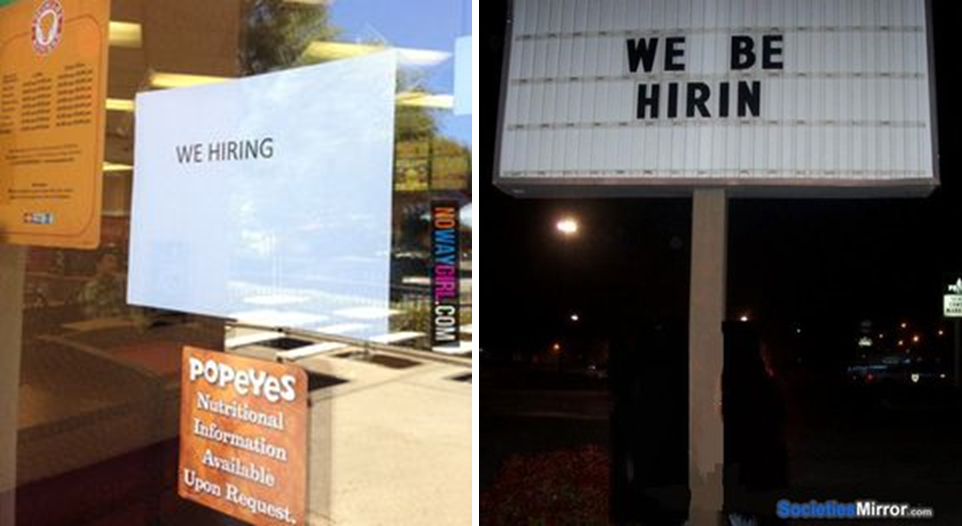 Two photos, side-by-side, of signs written in English. One says \