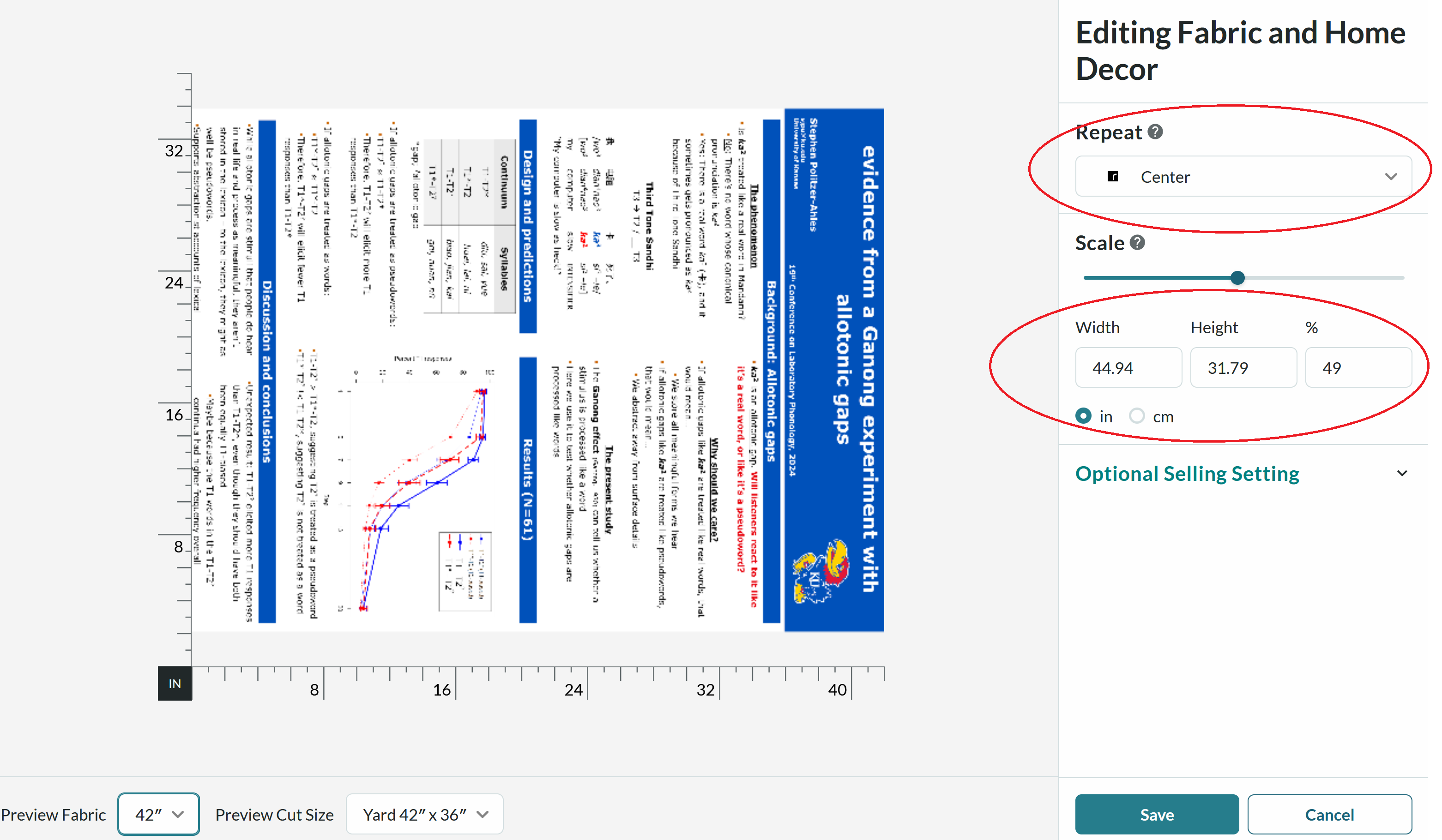 Screenshot of the pattern editing page on Spoonflower